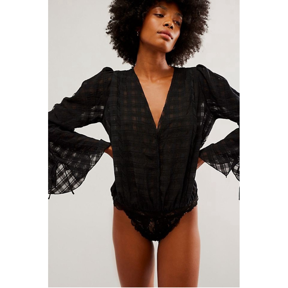 Free People Everything's Rosy Plaid Bodysuit Top Black Sz S Whimsygoth Glam